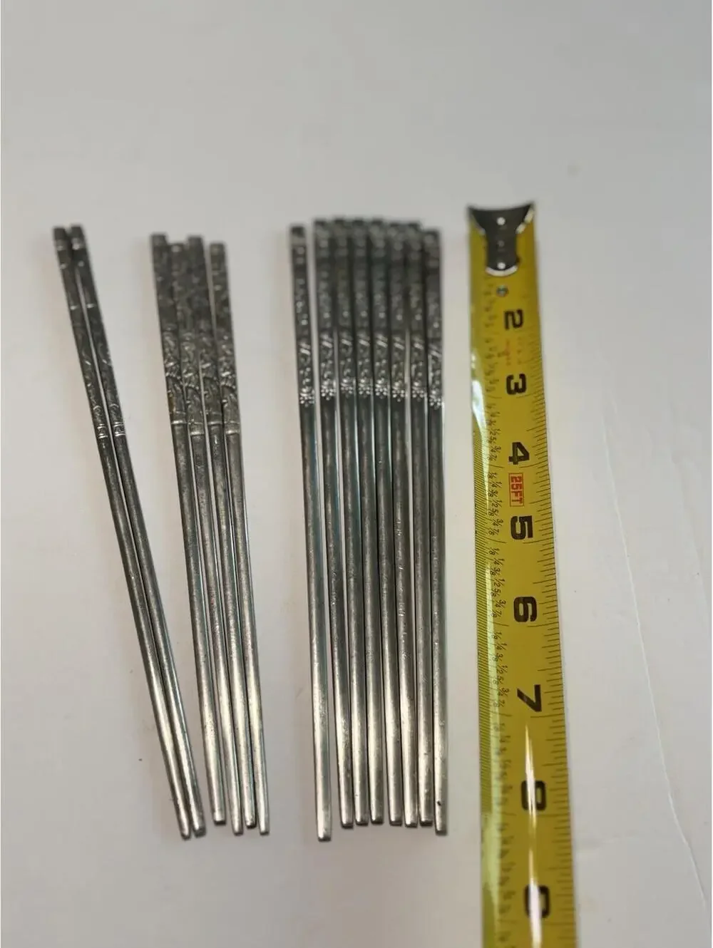 Vintage 7 Pairs Stainless Steel Metal Reusable Chopsticks w/Bird Etchings.